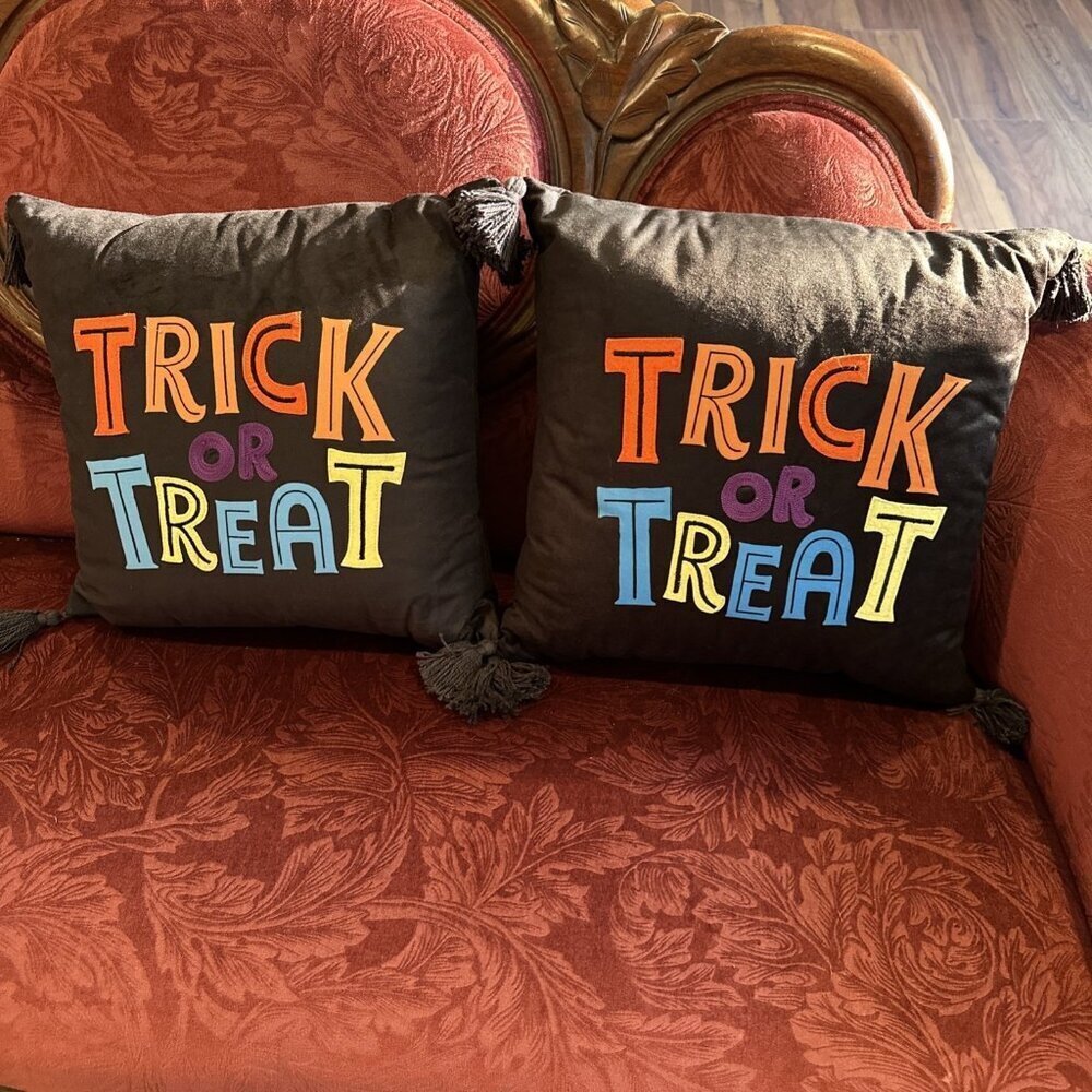New Hide & Eek Trick or Treat Halloween Appliqué Throw Pillows Set Of 2 Black
